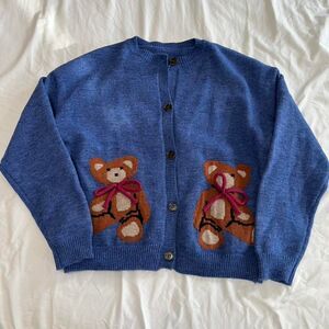 Blue Teddy Bear Button-Up Knit Cardigan | NWOT | Size S
